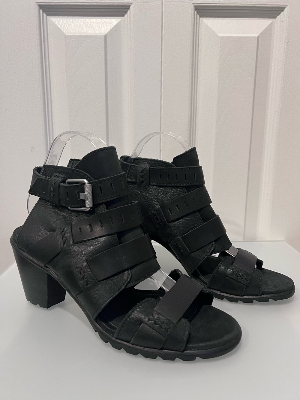 Sorel Nadia Open Toe Black Leather Strappy Buckle Heel Shoes Sandals Size 9